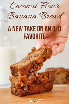 two banana breads stacked on top of each other with text overlay reading easy one - bowl banana bread moist and delicious