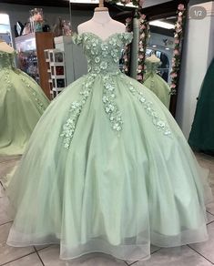 Ball Gown With Flowers, Sage Green Ball Gown, Sage Green Quince, Sage Green Quinceanera, Gown With Flowers, Green Quinceanera