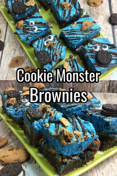 cookie monster brownies on a green plate with oreo cookies