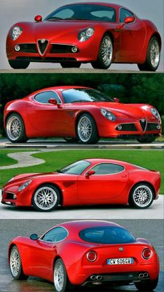 three different views of a red sports car in four different stages, from top to bottom