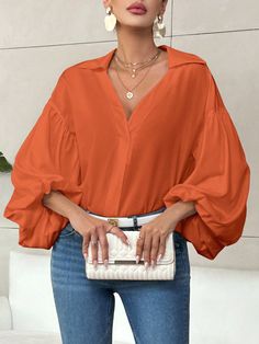 Women's Elegant Resort & Office Stylish Lantern Sleeve Button V-Neck Polka Dot Print White Shirt Old Money Quiet Luxury Fall Clothes Work Women Blouses Fall Blouses Orange Casual  Long Sleeve Woven Fabric Plain Top Non-Stretch  Women Clothing, size features are:Bust: ,Length: ,Sleeve Length: Lantern Sleeve Shirt, African Print Shirt, Casual Elegant Style, Fall Blouse, Orange Blouse, Mode Casual, Silky Blouse, How To Wear Scarves, Loose Blouse