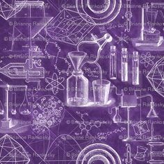 a purple background with various science related items