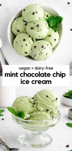 mint chocolate chip ice cream in a glass bowl