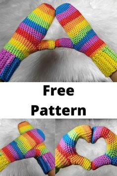 two pictures of rainbow colored knitted mittens with the text free pattern below it