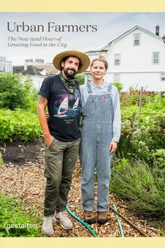 two people standing next to each other in front of a house and garden with the title urban farmers