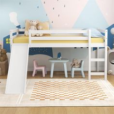 a child's bedroom with a bunk bed and toys on the floor in front of it