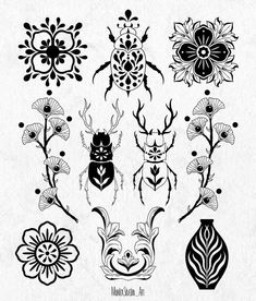 six different types of bugs and flowers in black and white, each with an insect's head