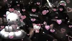 two police officers with hello kitty dolls surrounded by heart - shaped pink hearts on black background