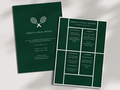 a tennis racket is on the front and back of this green wedding program card