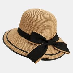 Elevate your warm-weather style with this chic and functional Women's Black Bow Straw Sun Hat. Expertly woven from natural straw fibers, this wide-brimmed hat offers ample sun protection while exuding effortless sophistication. The oversized black grosgrain ribbon bow accent adds a glamorous touch, instantly elevating any outfit. Whether lounging poolside or strolling along the beach, this hat's structured crown shape provides generous shade coverage. Lightweight and breathable, it's the perfect Chic Brimmed Boater Hat With Bow, Chic Sun Hat With Bow For Kentucky Derby, Chic Sun Hat With Bow For Vacation, Chic Straw Hat With Bow For Vacation, Chic Vacation Sun Hat With Bow, Chic Vacation Straw Hat With Bow, Chic Sun Hat With Bow For Summer, Chic Bow Sun Hat For Summer, Chic Straw Hat With Bow And Short Brim