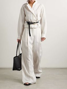 ANOTHER TOMORROW + NET SUSTAIN pleated pinstriped linen wide-leg pants Net Sustain, Billowy Sleeves, It's Too Hot, White Linen Shirt, Classic Trousers, Wide Leg Linen Pants, Swimsuit Dress, Fashion People, Mock Neckline