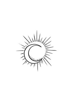 a black and white drawing of the sun with its rays coming out from behind it