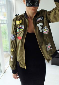 KHAKI GREEN BLACK BOMBER JACKET WITH PATCHES Khakis Outfit, Embellished Clothing, Boring Clothes, Fashion Victim, Refashion Clothes, Jacket Design