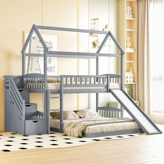 House Shape Twin Over Twin Bunk Bed With Two Drawers, Staircase And Slide Slide House, Loft Bed With Slide, House Bunk Bed, Bunk Bed With Slide, Loft Bed Frame, Twin Size Loft Bed, House Loft, Twin Loft Bed, Bed With Slide