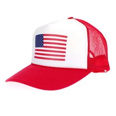 a red and white trucker hat with an american flag on the front, side