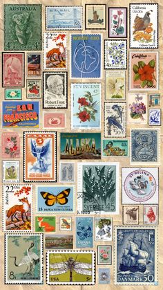 many different postage stamps are arranged in the shape of a collage with animals and flowers