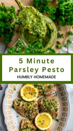 the recipe for parsley pest is shown on a plate with lemons and parsley