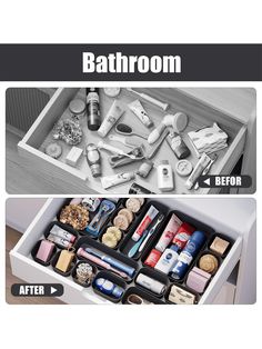 the bathroom drawer is filled with different items and has two separate sections for each section