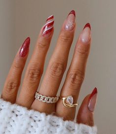 Christmas Nail Design Almond Shape, Xmas Red Nails Christmas Design, Builder Gel Christmas Nails, Christmas Acrylics Almond, Christmas Red And Gold Nails, Funky Christmas Nails Acrylic, Almond Nail Christmas Designs, Red Almond Nails Christmas, Christmas Nail Inspo 2024