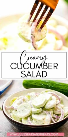 cucumber salad in a bowl with a fork sticking out of it and the text overlay reads, creamy cucumber salad