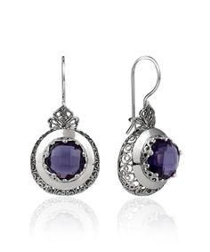 "Vintage looks filigree sterling silver Amethyst Drop Earrings are a timeless gift for the woman in your life. These stunning drop earrings feature intricate handcrafted filigree and sparkling lab created amethyst accented with filigree lace detailes. The earrings come packaged in an elegant jewelry box, ready for giving. Gentle and shimmering, these Amethyst Silver Filigree Earrings are made from .925 sterling silver. The filigree work is handcrafted to create a beautiful accent that complement Elegant Purple Pierced Earrings, Elegant Purple Earrings For Pierced Ears, Elegant Purple Pierced Jewelry, Ornate Purple Sterling Silver Earrings, Ornate Gemstone Earrings For Formal Occasions, Ornate Purple Pierced Earrings, Purple Earrings With Intricate Design As Gift, Purple Earrings With Intricate Design For Gift, Formal Oxidized Drop Earrings