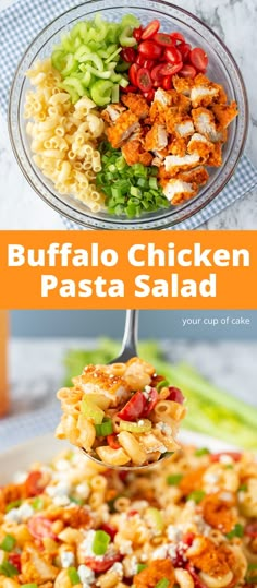 the pasta salad is loaded with chicken and vegetables