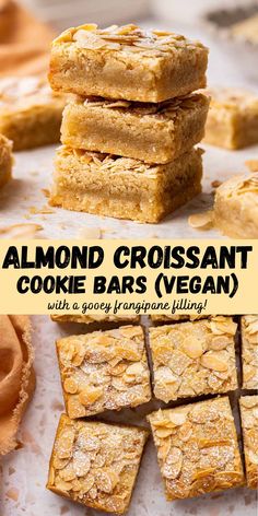 almond croissant cookie bars are stacked on top of each other with the words almond croissant cookie bars vegan