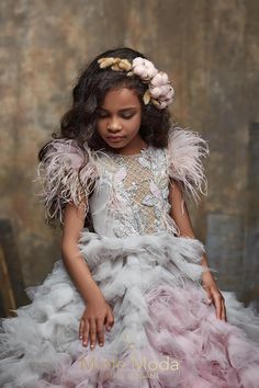 Pretty girl wearing Rosaline Flower Girl Couture Dress-by Miele Moda Boutique Girls Couture Dresses, Holy Communion Dresses, Children's Dresses, Ombre Maxi Dress, Vintage Girls Dresses, Dresses 2022, Girls Couture, Tulle Flower Girl, First Communion Dresses