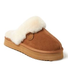 Fireside by Dearfoams Women's Melton Genuine Shearling Platform Scuff Slipper - Chestnut Size 9 Shearling Slip-on Slippers With Textured Footbed, Shearling Cushioned Slip-on Slippers, Classic Sheepskin Slip-on Slippers, Classic Shearling Slip-on Slippers, Shearling Slippers With Textured Footbed And Round Toe, Classic Sheepskin Slippers With Round Toe, Indoor Cushioned Sheepskin Slippers, Sheepskin Slip-on Slippers With Cushioned Footbed, Shearling Slippers With Suede Lining