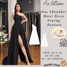 One Shoulder Prom Dress Sewing Pattern, Maxi Evening Dress, Formal Cocktail Dress,  Evening Gown, Ball Gown, Size 2-30  A4 US A0 Easy Formal Dress Patterns, Prom Dress Sewing Pattern Free, Ball Gown Sewing Pattern, One Shoulder Dress Pattern, Prom Dress Sewing Pattern, Prom Dress Sewing Patterns, Evening Dress Sewing Patterns, Maxi Dress Pattern Sewing