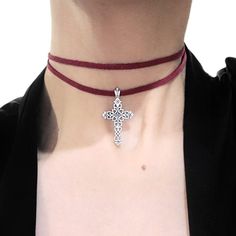 Silver Ornate Cross Charm on Wine Red Suede Cord. Cord wraps around neck twice.  Lobster Clasp.  Chain Extender for Size Adjustment.  CB159  #crossnecklace #cross #choker #crosschoker Cord Adjustable Cross Choker For Gifts, Gift Cross Choker, Ornate Cross, Berber Jewelry, Cross Choker, Moroccan Jewelry, Suede Cord, Chain Extenders, Choker Necklaces