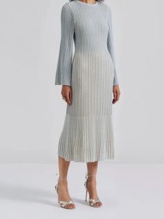 Bonnyshow Autumn Contrast Knitted Round Neck Slim Midi Dress Women Elegant Long Flare Sleeve A-line Dresses 2024 Female Casual Office Robe Spring Ribbed A-line Sweater Dress, Spring A-line Ribbed Sweater Dress, High Waist Dresses, Knitted Midi Dress, School Outfit Women, Dress Women Elegant, Flare Sleeves, High Waist Dress, Long Sleeve Knit Dress