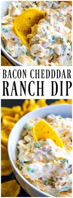 bacon cheddar ranch dip in a white bowl with chips