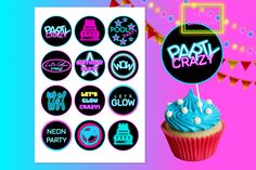 a cupcake with blue frosting and neon colored decorations next to a party sign