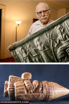 an old man holding a large object in his hand and another photo of the same one