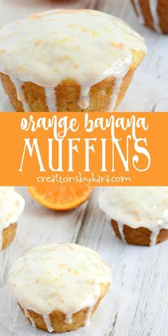 orange banana muffins with icing on top and an orange in the background