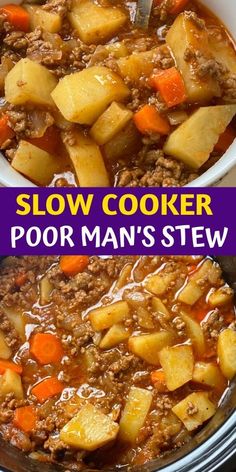 slow cooker beef stew with potatoes and carrots in a white bowl on the side