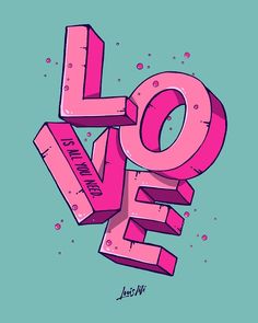 the word love written in pink on a blue background