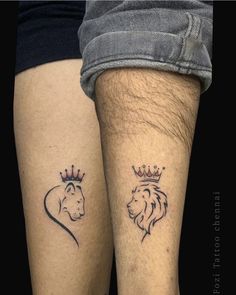 two people with tattoos on their legs, one has a lion and the other has a crown