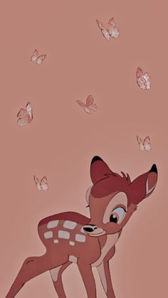 a little deer standing in the middle of butterflies