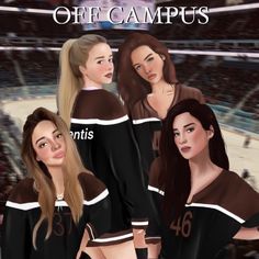 three girls in black and brown uniforms at a hockey game with the words off campus on them