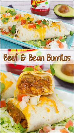 beef and bean burritos on a plate with avocado in the background