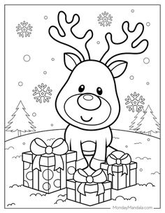 rudolph the reindeer coloring page with presents