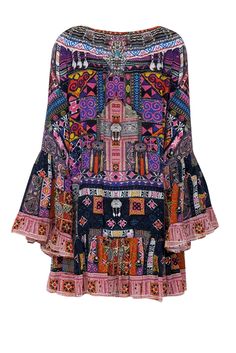 Make a splash in the Camilla tunic dress! With its bold black and multi color print, beaded trim, and versatile tunic style, this dress is perfect for a day at the beach. Stand out in Ibiza style, pairing with a bikini, slide sandals, and beach tote for a chic and playful look. Size L 100% Silk Unlined Pullover Wide v-neckline Beaded trim detail Bust 48" Waist 50" Shoulder to hem 36" Sleeve length 28" Festival Multicolor Floral Print Mini Dress, Black Bohemian Tunic For Spring, Multicolor Bohemian Mini Dress With Vibrant Print, Bohemian Multicolor Mini Dress With Vibrant Print, Flowy Multicolor Summer Tunic, Bohemian Multicolor Print Mini Dress For Beach, Multicolor Mixed Print Beach Dress, Bohemian Multicolor Mini Dress For Beach, Multicolor Flowy Bohemian Mini Dress