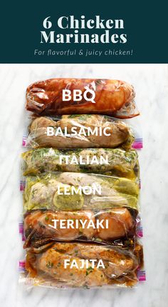 chicken marinades are packaged in plastic bags on a marble countertop with the words bbq balsamic lemon teriyaki fajita