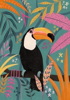 a toucan sits on a branch surrounded by tropical leaves and flowers, with the words