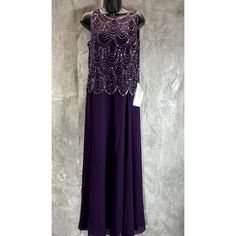 J Kara Women's Plum Beaded Embellished Sleeveless A-Line Maxi Gown Sz 14 **** Missing Scarf **** Hand Beaded Bodice; Chiffon Scarf Asian American & Pacific Islander Owned, Woman Owned Back Zipper With Hook-And-Eye Closure Imported Jewel Neckline; A-Line Silhouette Hits At Floor Polyester; Lining: Polyester Professional Dry Clean Or Spot Clean This Is A New With Tags/Box Item. Please Refer To Images. Approx. Measurements: * Waist: 18" * Length: 56" * Chest: 19" * Sleeves: " * Hip: " Retail Price: Jacket Dresses Formal, Black Formal Gown, Beaded Dress Long, Navy Gown, Beaded Formal Dress, Pacific Islander, Sleeveless Gown, Beaded Chiffon, Maxi Gown