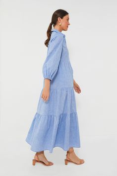 You love our Mabel silhouette and our chambray fabric, so we decided to combine them to create the perfect style with wardrobe winner potential. Featuring a collared neckline, three-quarter length puff sleeves, and a full length tiered skirt, this effortless number has a sophisticated yet fun feel to it. Wear this no-fuss maxi all day, from coffee dates to dinners with friends, and make your day a breeze with this easy silhouette. Collared neckline Three-quarter length sleeves with elasticated c Easy Silhouette, Long Skirt Summer, Coffee Dates, Chambray Fabric, Loose Maxi Dress, Maxi Dress Sale, Flowy Maxi Dress, Perfect Style, Maxi Dresses Casual