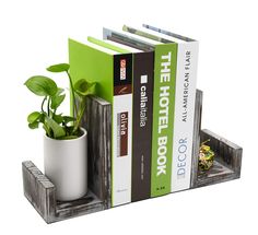 two books and a potted plant are sitting on a book holder that is made out of wood