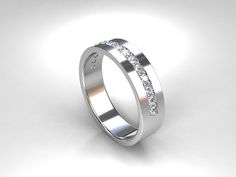 a white gold wedding ring with three diamonds on the inside and outside, set in 18k white gold